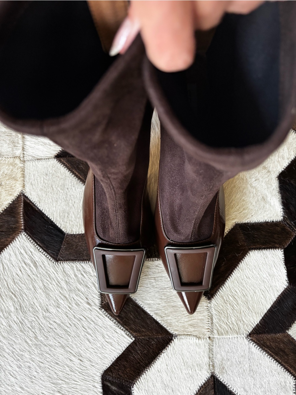 Brown Pointed Toe Buckle Sock Boots - Women